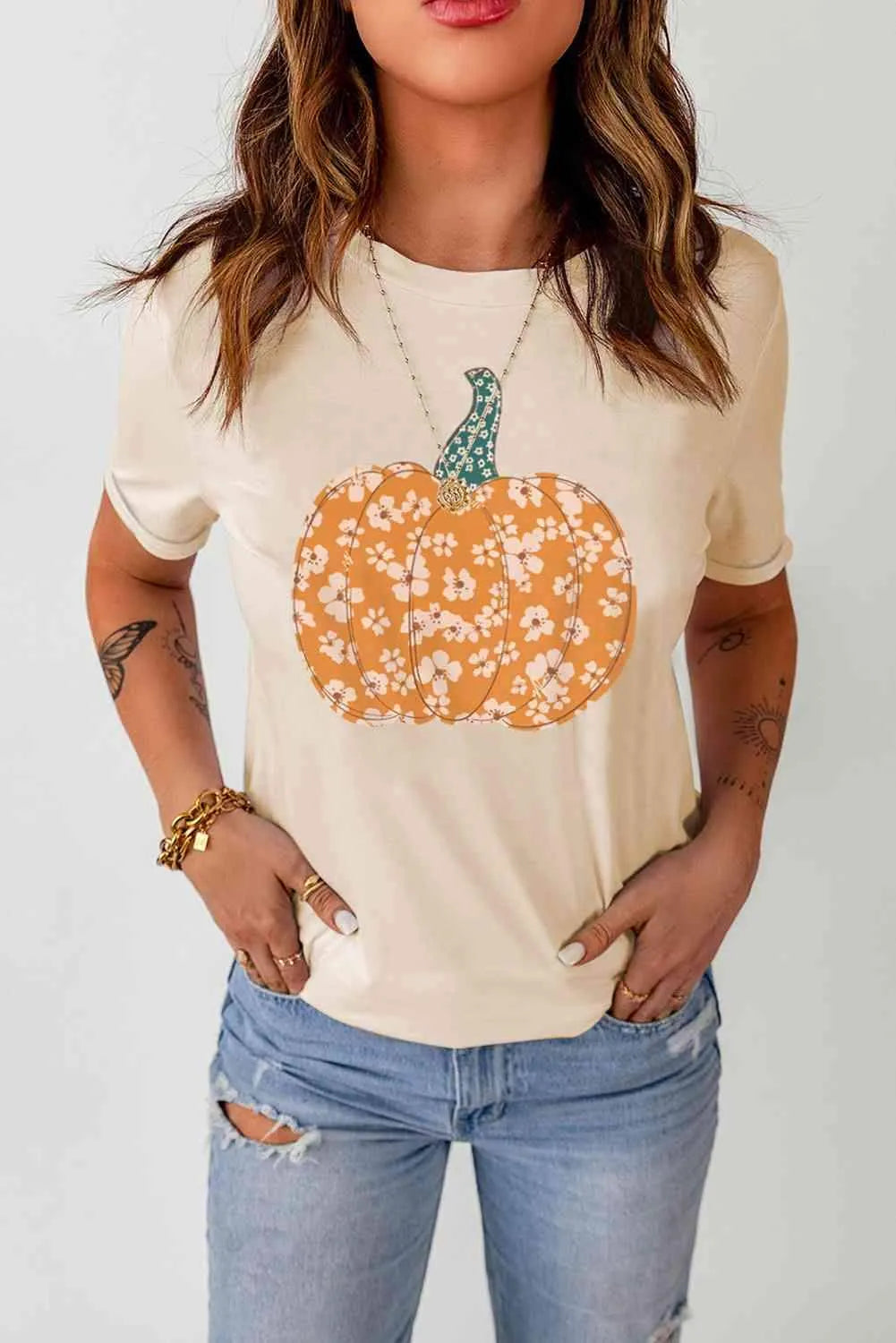 Pumpkin Graphic Round Neck Cuffed T-Shirt Cream Women's T-Shirts - Tophatter Daily Deals